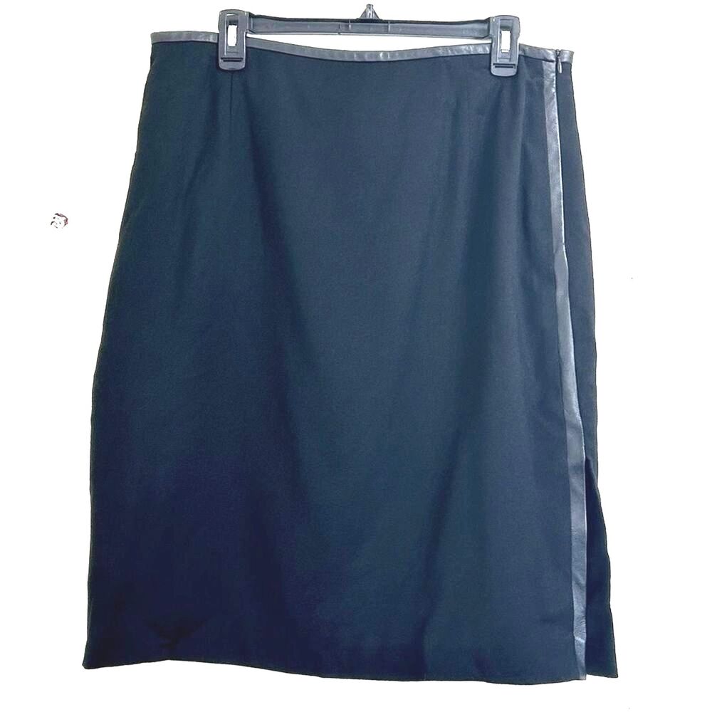 RENA ROWAN Skirt Size 16 Wool Formal Black Wool Knee Skirt Leather Trim